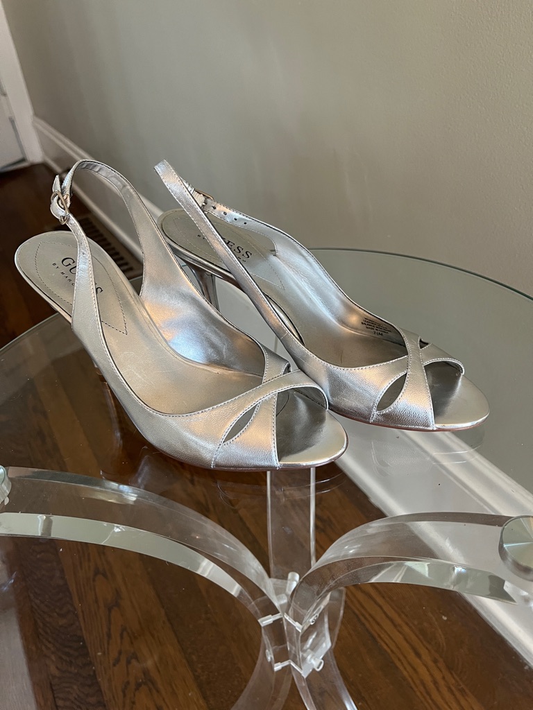 Guess Silver Leather Open Toe Heels